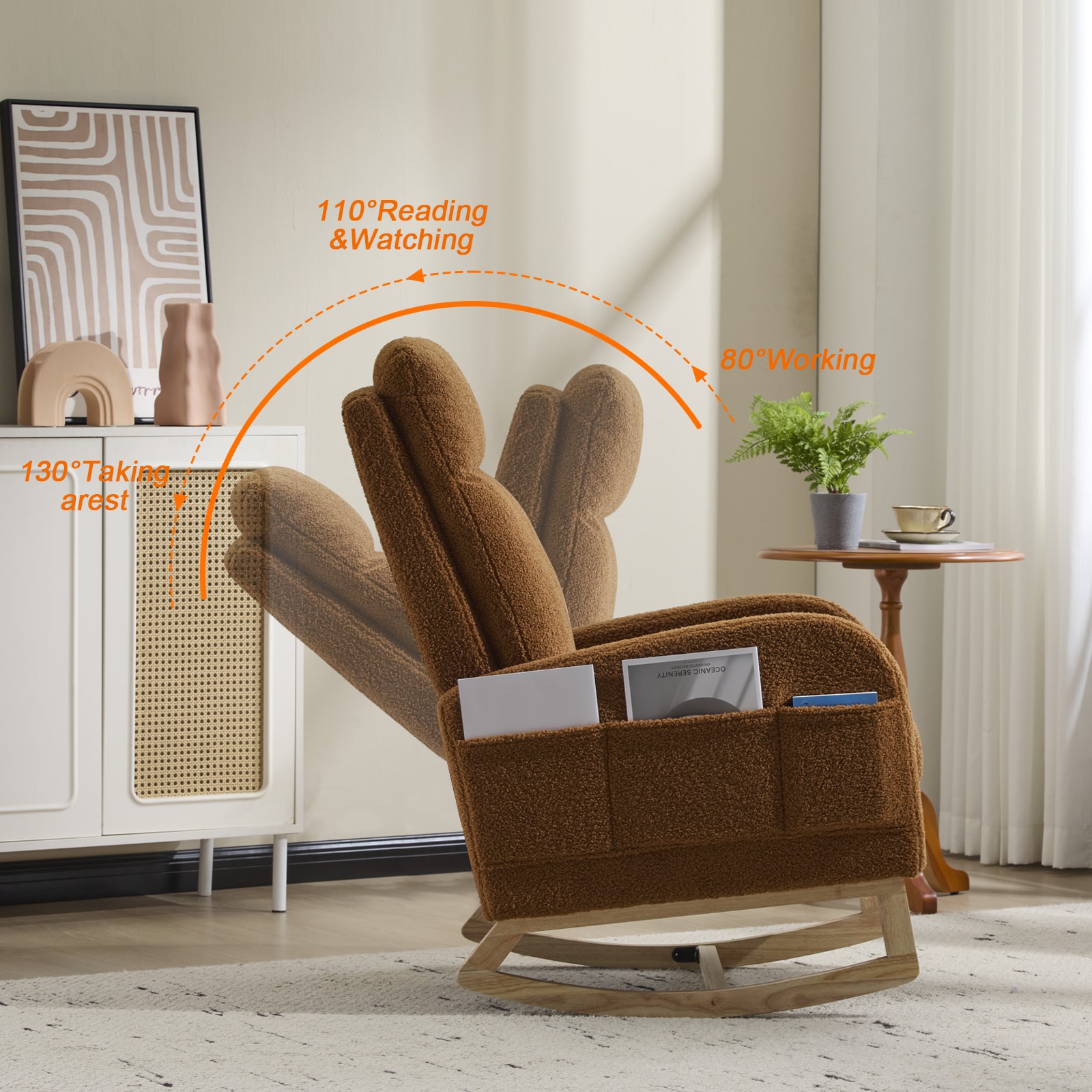 Modern Accent Rocking Chair Rocking Chair With Solid Wood Legs, Upholstered Nursery Glider Rocker, Comfy Armchair With Side Pocket, Living Room Lounge Arm Chair With High Backrest (Brown,teddy)_voghion.com